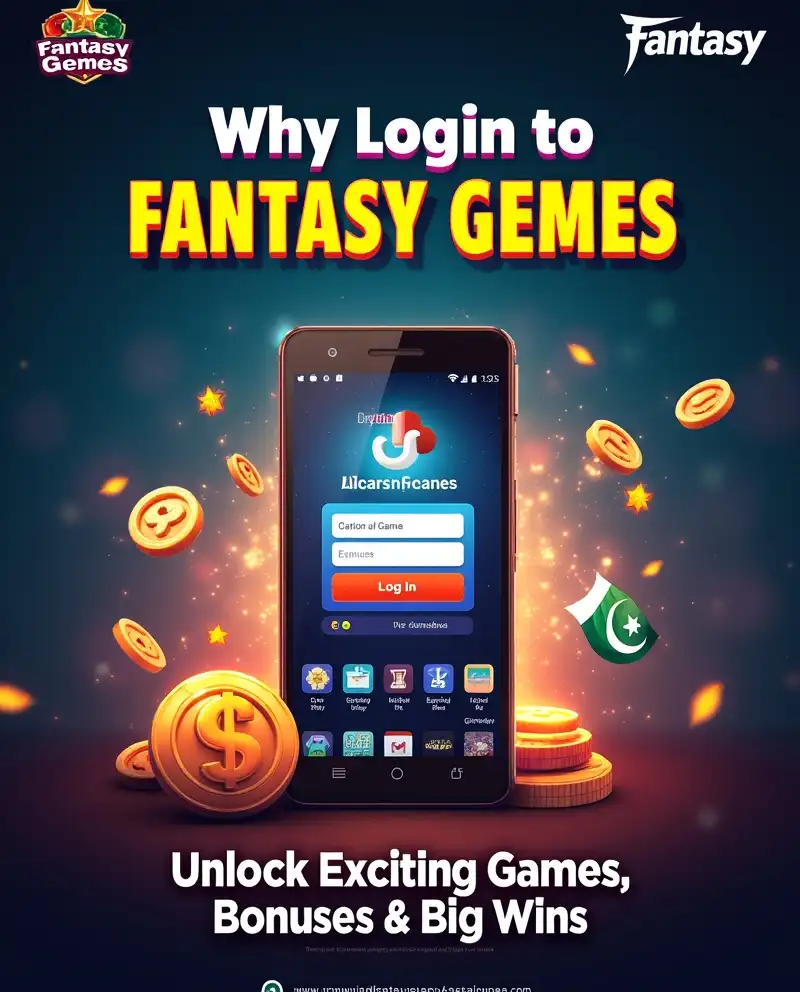 Fantasy Games Login - Create a vibrant, inviting promotional image encouraging users to log in to the Fantasy Gemes app. The design should feature: A smartphone displaying the Fantasy Gemes login screen or user dashboard. Highlighted icons representing: 🎲 Variety of games (lottery, Poker, roulette, blackjack, baccarat, slots, card games) 🎁 Daily bonuses and exclusive rewards 🏆 Aviator Challenge and thrilling events 💰 Super Jackpot prize (up to PKR 12,000,000) 📊 Gameplay tracking dashboard 👥 Referral program earnings Bold text banner with the headline: “Why Login to Fantasy Gemes?” Supporting tagline: “Unlock Exciting Games, Bonuses & Big Wins!” Use bright, energetic colors with dynamic effects like sparkles, light streaks, and confetti to convey excitement. Subtle inclusion of the Pakistani flag colors or motifs to appeal to local users. The overall vibe should be fun, secure, and motivating—showing users that logging in opens the door to endless opportunities.